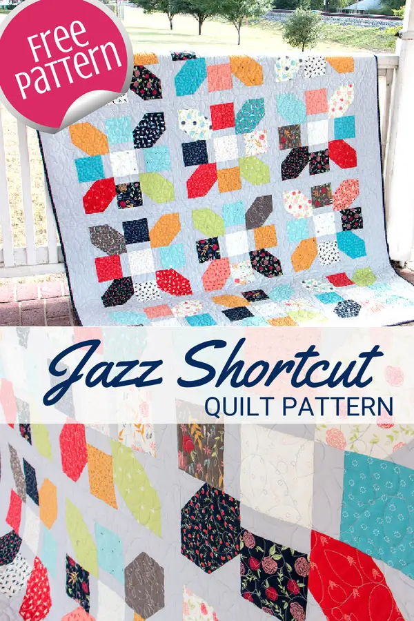 Simple quilt blocks look amazing with stitched with colorful scraps. The Jazz quilt block highlights HST's and straight stitches. Free pattern download.