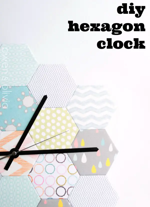 DIY Hexagon Clock made with fabric scraps. 