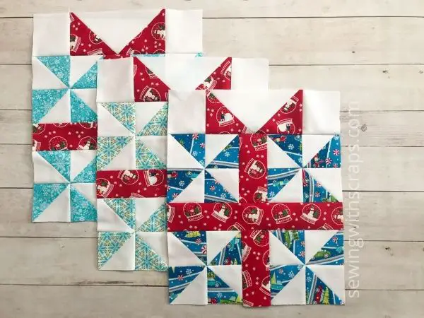 We are turning our scraps into a festive holiday quilt with the Handmade with Love pattern. Here is block 3, the Pinwheel Present quilt block all stitched up.